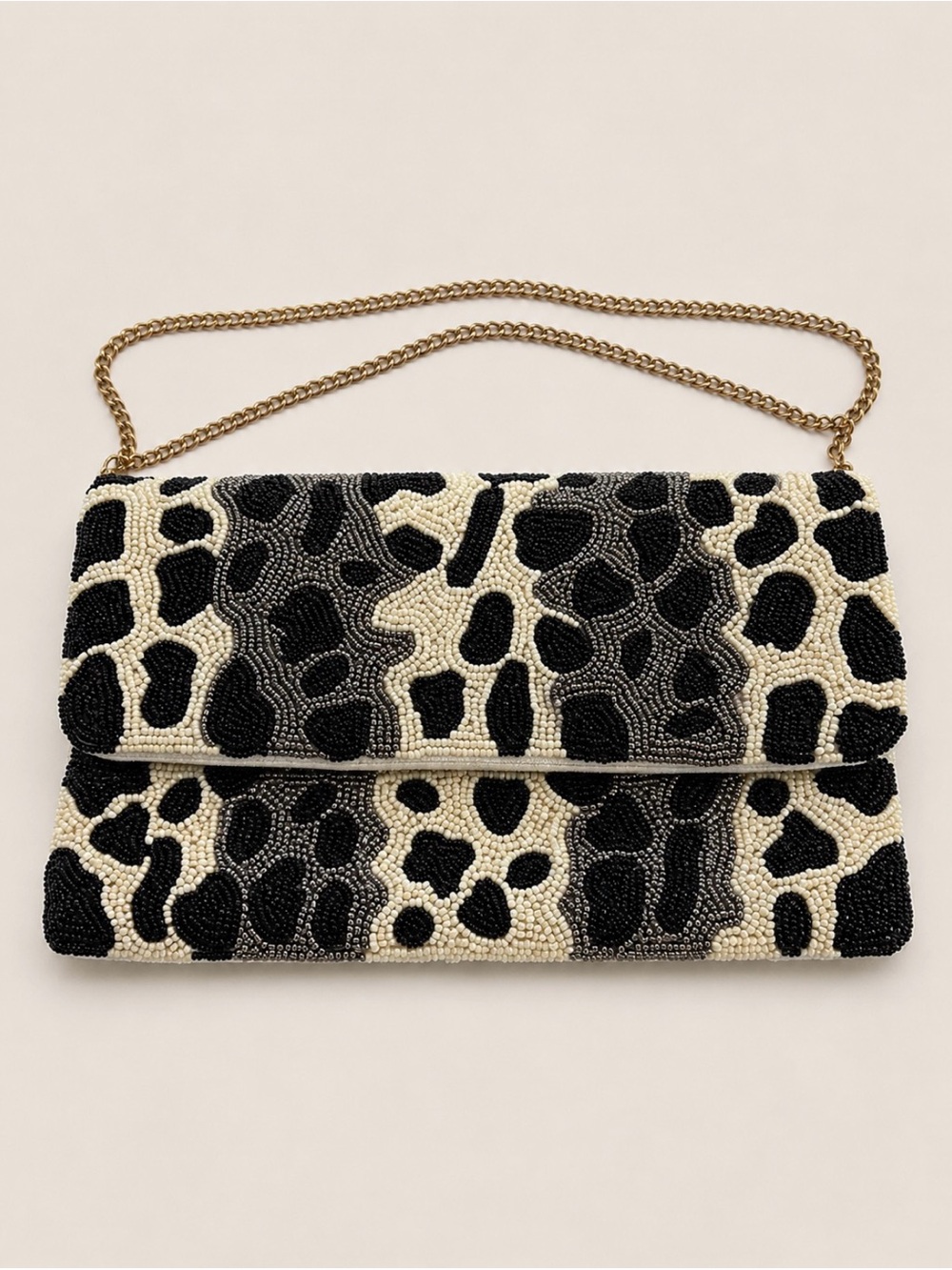 Beaded Leopard Print Crossbody Clutch Black White Gold Chain Holiday Sparkle